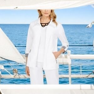 Karen Scott Sport Women's French Terry Blazer M White Navy Zip Front 3/4 Sleeve